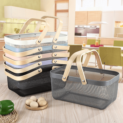 Rectangle Iron Mesh Storage Basket with Wooden Handle 40*24.5*19cm