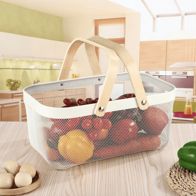 Rectangle Iron Mesh Storage Basket with Wooden Handle 40*24.5*19cm - Image 2