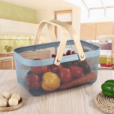 Rectangle Iron Mesh Storage Basket with Wooden Handle 40*24.5*19cm - Image 3
