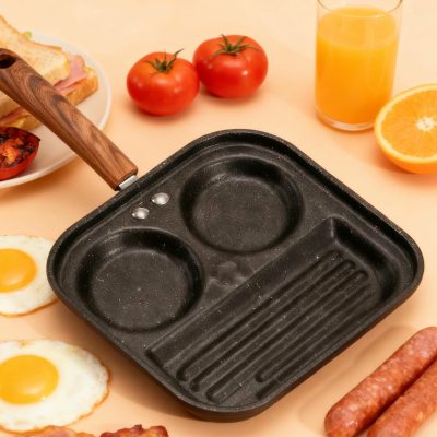 Iron 3 Hole Round and Rectangle Non-stick Steak Pan (Universal) - Black