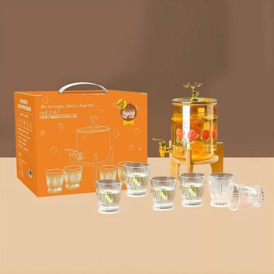 3600ml Amber Tulip Style Glass Juice Bucket and 220ml Cup 7pcs Set with Bamboo and Wood Base