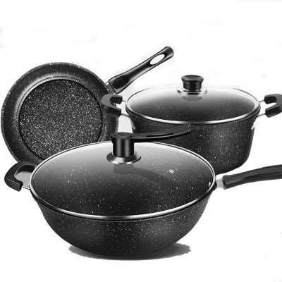 32cm Wrought Iron Wok with Lid + 26cm Stock Pot with Lid + 26cm Frying Pan with Non-stick Coating