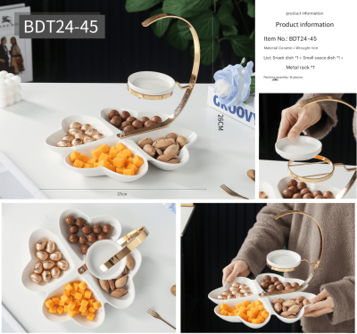 BDT24-45 Ceramic Candy Plate with Iron Golden Stand Set - White