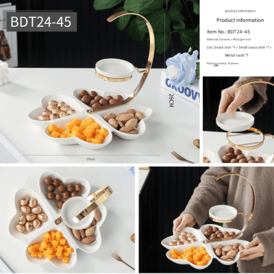 BDT24-45 Ceramic Candy Plate with Iron Golden Stand Set - White
