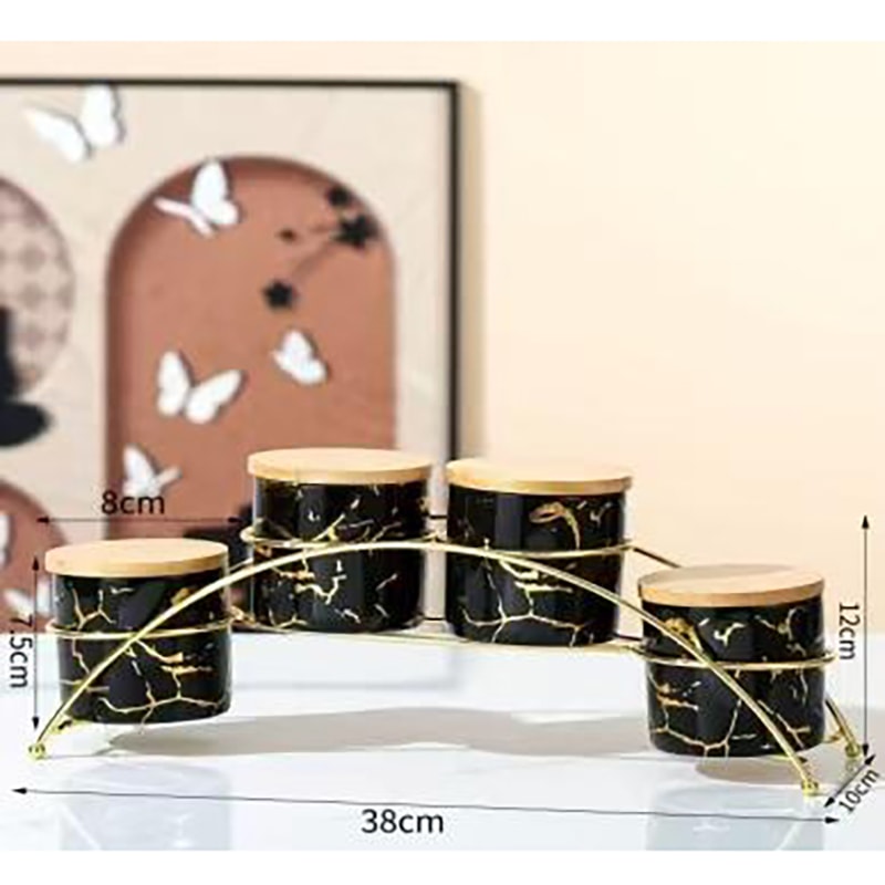 6202509001593_1 Ceramic Condiment Jar 4pcs with Golden Stand - Image 1