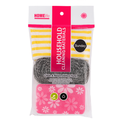 4pcs Cleaning Set (1 Towel Cloth + 2 Steel Wool Balls + 1 Printed Sponge Scouring Pad)