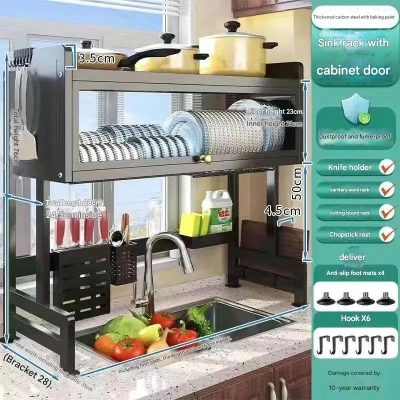 Multi-Functional Kitchen Organizer Rack with Flip-Top Cabinet Door 65*28*76cm