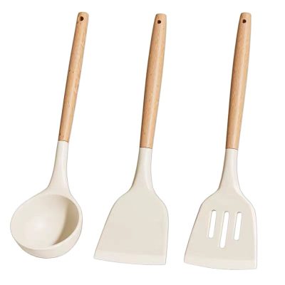 Silicone Cooking Spatula and Soup Ladle with Wooden Handle 3pcs Set - White - Image 3
